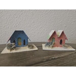 Vintage Set of 2 Putz Mica Christmas Houses Cardboard Japan Glitter 50s 60s MCM